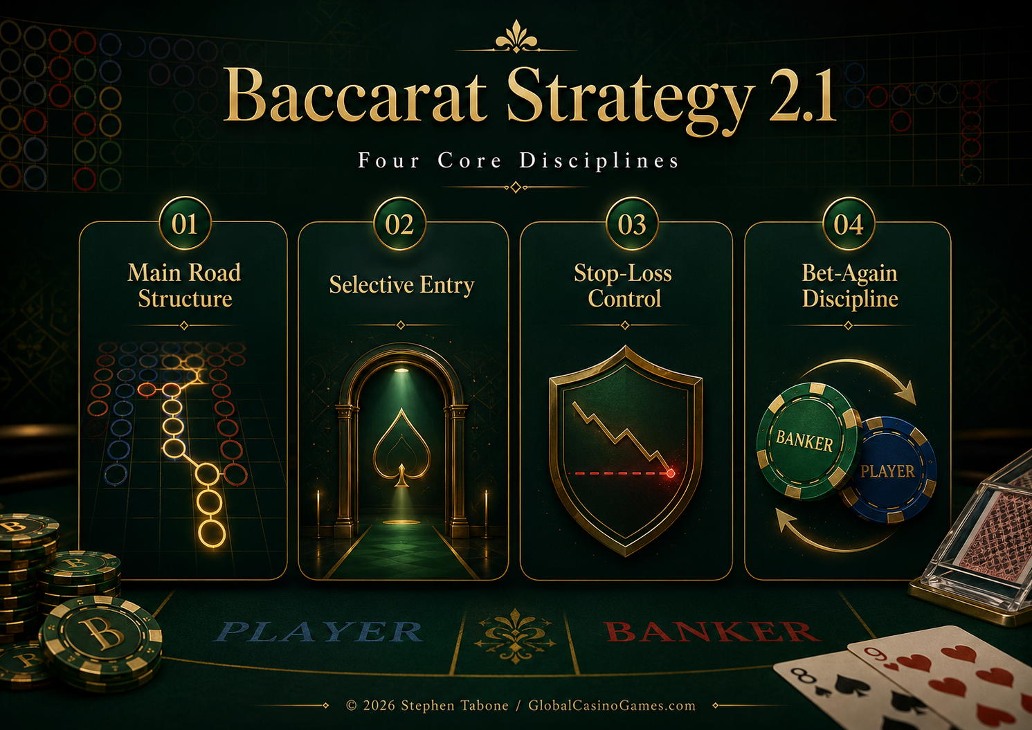 Luxury baccarat strategy graphic showing four core disciplines of Baccarat Strategy 2.1