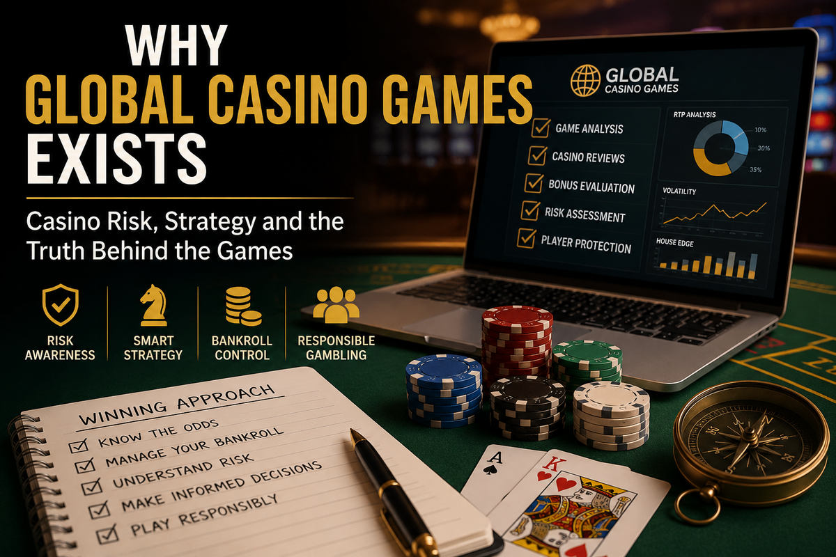 Casino table display for GlobalCasinoGames.com showing educational materials on casino risk, betting strategy, bankroll control parameters, and responsible gambling analysis themes.