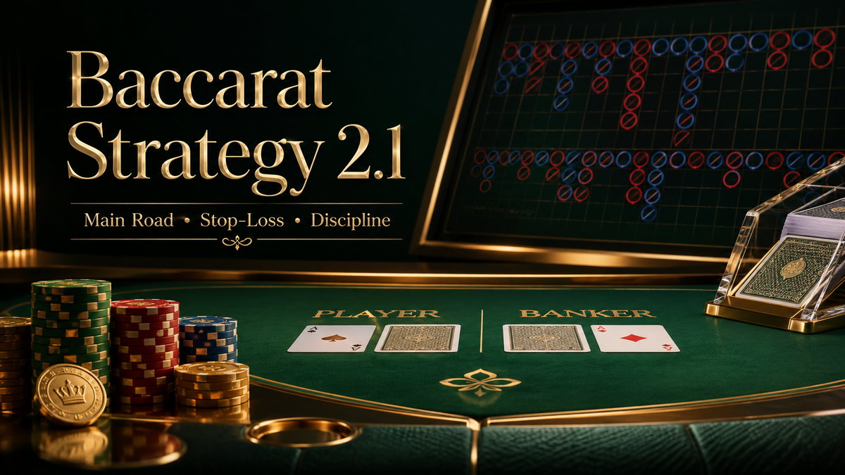 Luxury baccarat table with Banker and Player cards, casino chips and a Main Road display for an article about Baccarat Strategy 2.1 and stop-loss discipline.