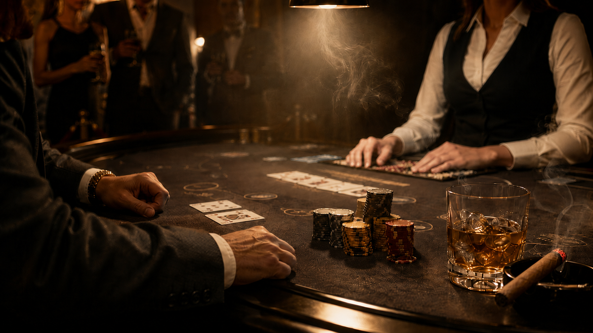 Moody casino table with cards, chips, whiskey glass and dealer, illustrating casino house edge comparison across table games.