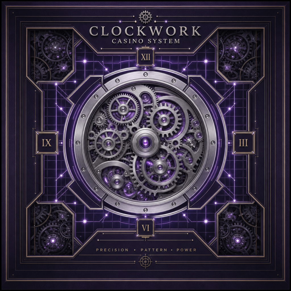 Luxury watch mechanism on a purple matrix grid for the Clockwork Betting System article. © 2026 GlobalCasinoGames.com