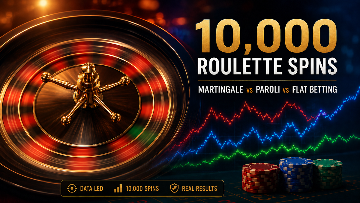 Fast-spinning roulette wheel with data lines for a 10,000-spin Martingale, Paroli and flat betting test.