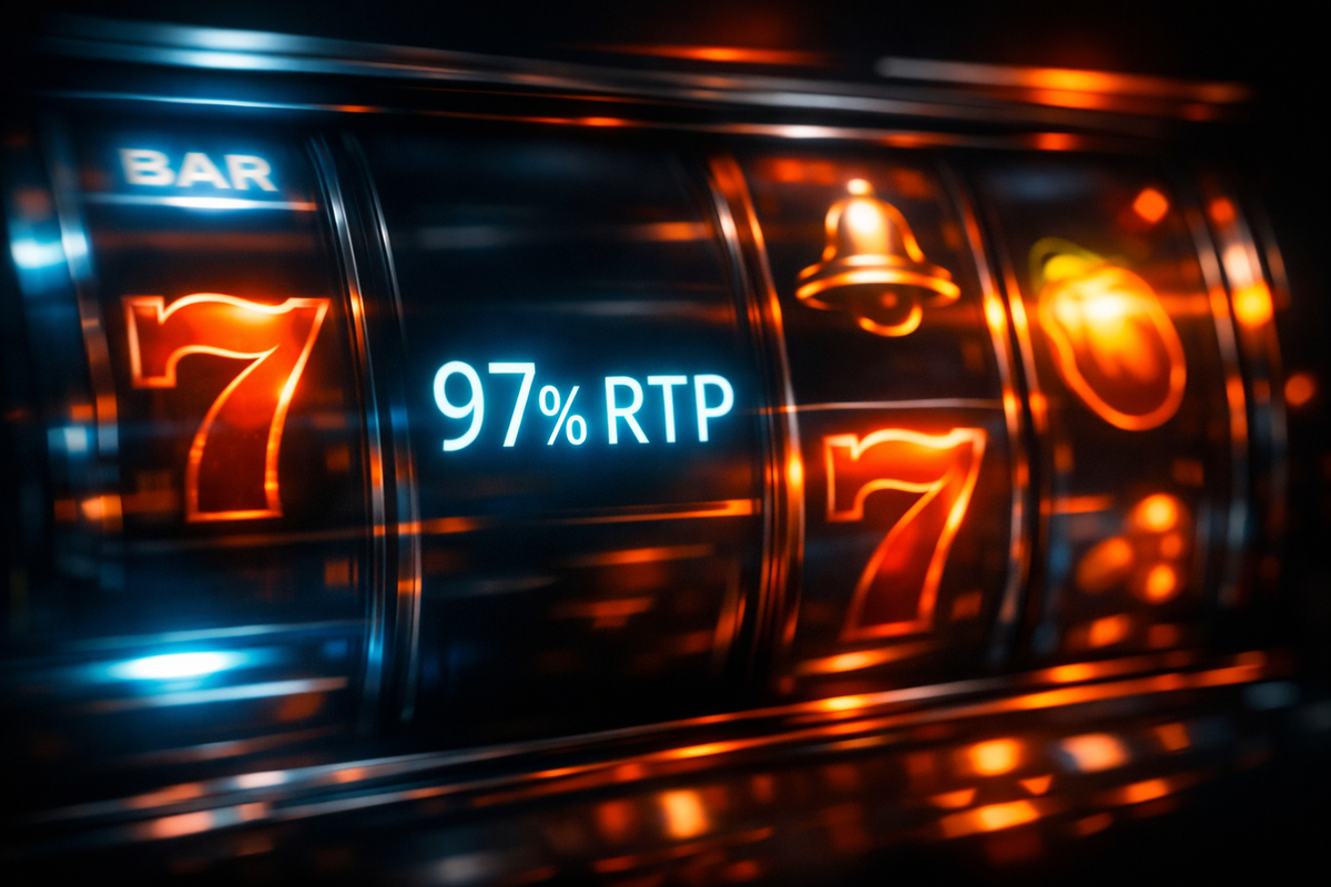 Slot machine screen for GlobalCasinoGames.com showing neon blue 97% RTP text on dark rotating reels with vibrant amber lighting effects, illustrating variance and betting velocity.