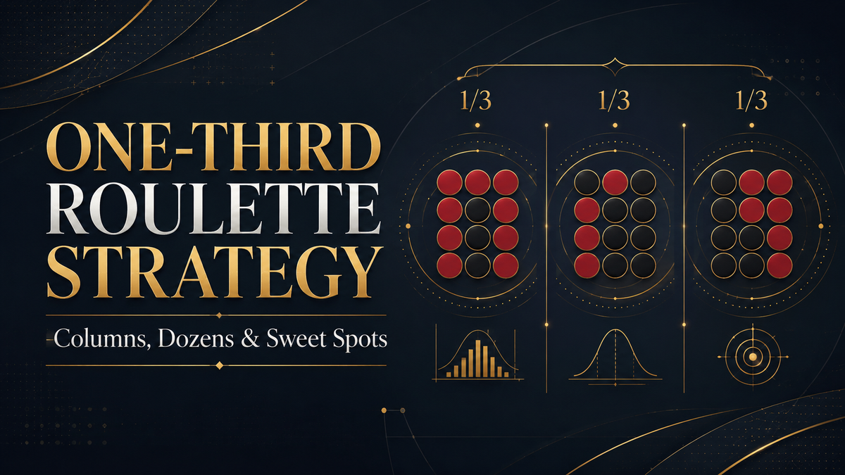 Text-based casino graphic for Stephen Tabone’s Global Casino Games article on one-third roulette strategy, columns, dozens and sweet spots.