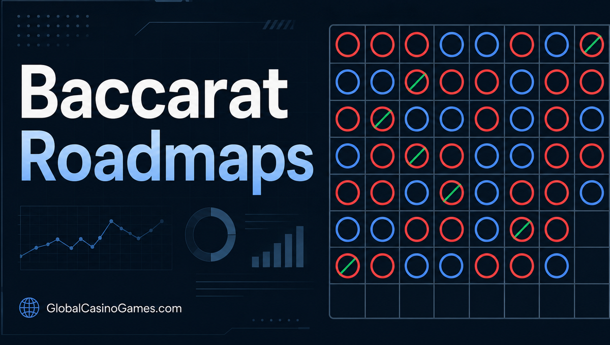 GlobalCasinoGames.com feature image for a Baccarat Roadmaps guide, showing a modern scoreboard-style roadmap with Banker, Player and Tie markers.