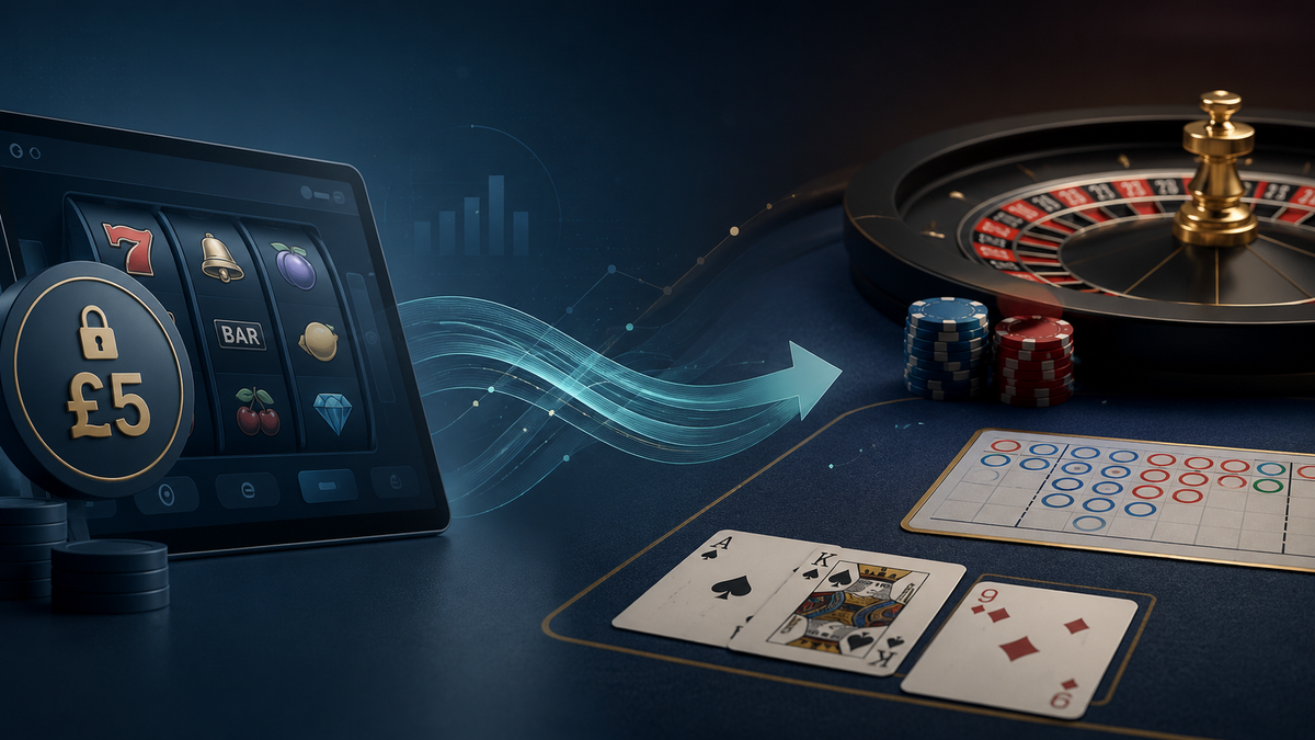 GlobalCasinoGames.com feature image showing the UK £5 online slot limit and a visual shift from online slots toward roulette, blackjack, baccarat and table games.