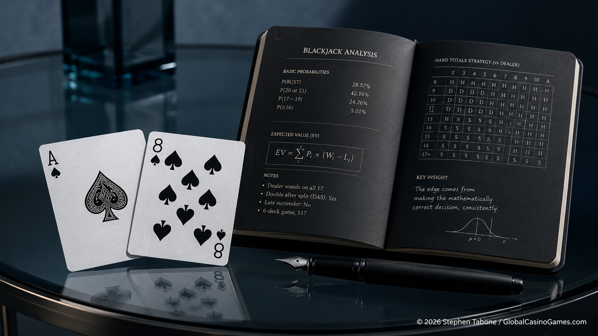 Blackjack basic strategy image with Ace and Eight cards, notebook formulas and probability analysis.
