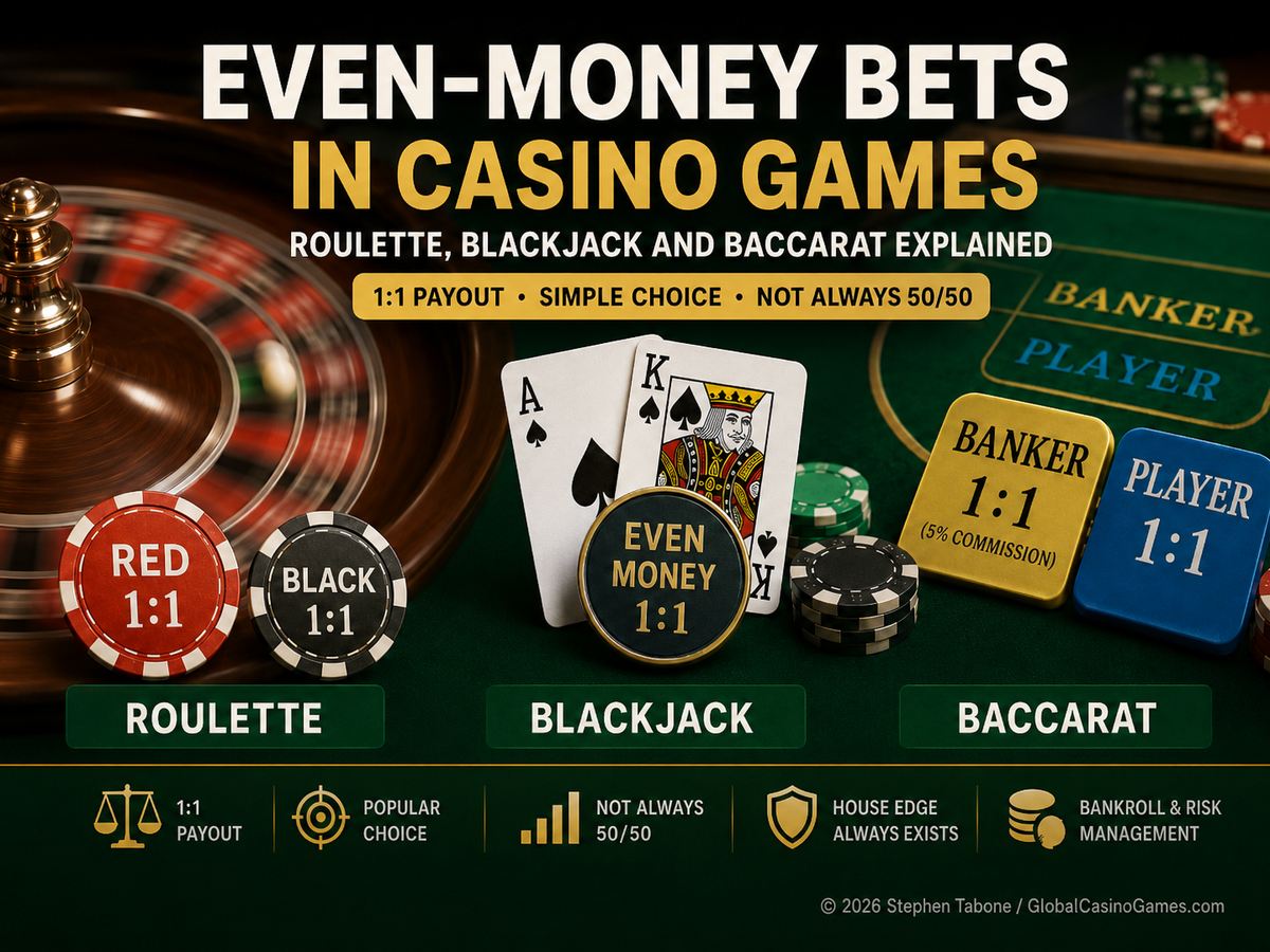 Even-money bets in casino games showing roulette, blackjack and baccarat with 1:1 payouts and house edge risk.
