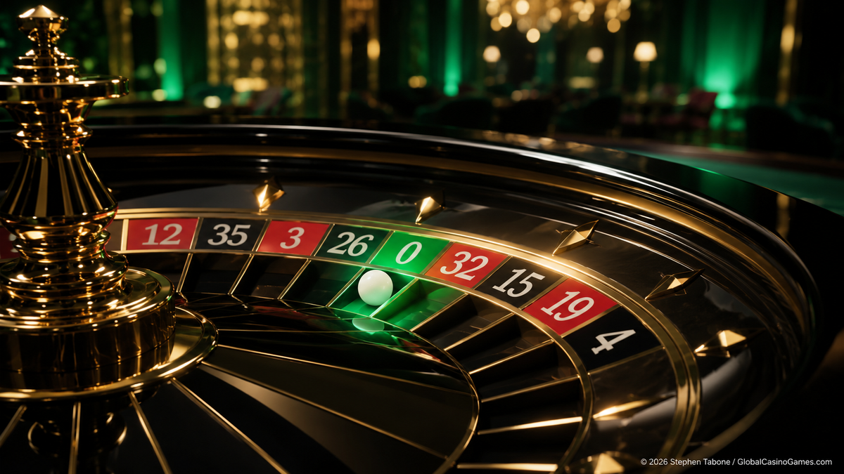 Luxury roulette wheel with the green zero pocket highlighted, created for Stephen Tabone’s Global Casino Games guide to roulette zero, odds and house edge.