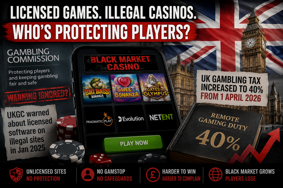 UK black-market casino warning image showing licensed games, illegal casinos, gambling tax pressure and player protection concerns.