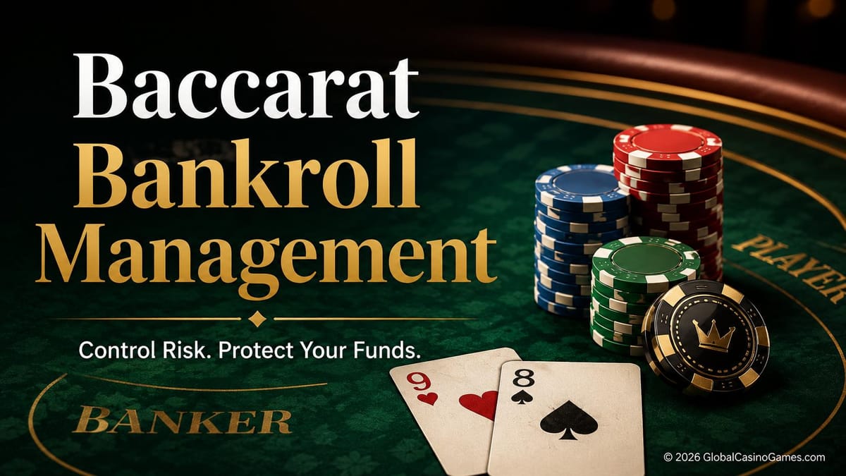 Baccarat bankroll management graphic showing casino chips, playing cards and the message “Control Risk. Protect Your Funds.