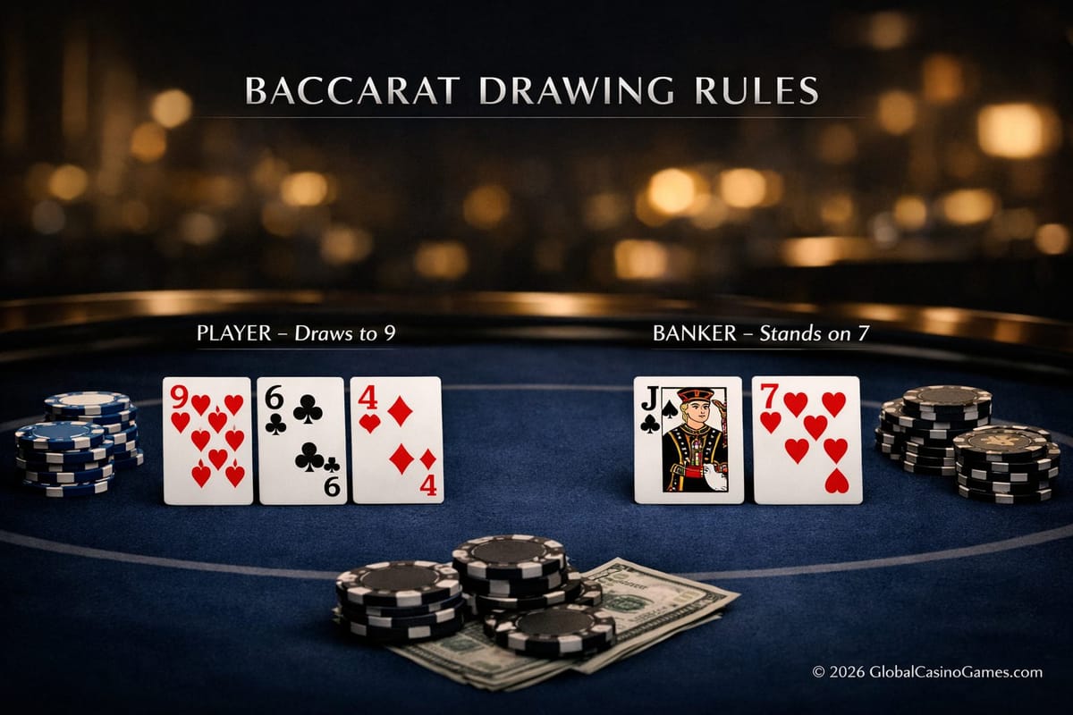 Baccarat chart: Player hand 9-6-4 draws to 9 vs Banker Jack-7 standing on 7. GlobalCasinoGames.com copyright.