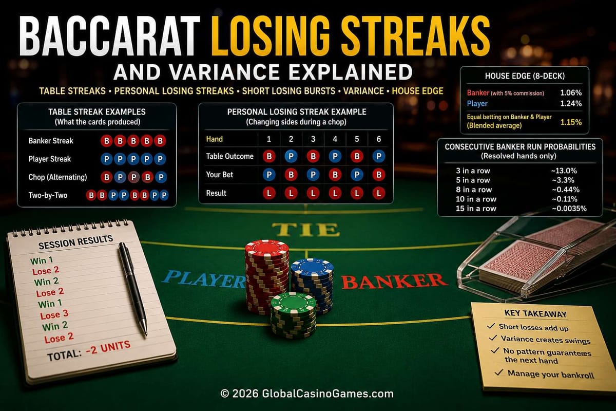 Baccarat losing streaks and variance infographic.