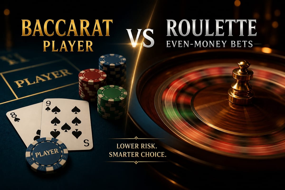 Baccarat Player versus roulette even-money bets image with baccarat cards, casino chips and a fast-spinning roulette wheel representing house edge comparison.