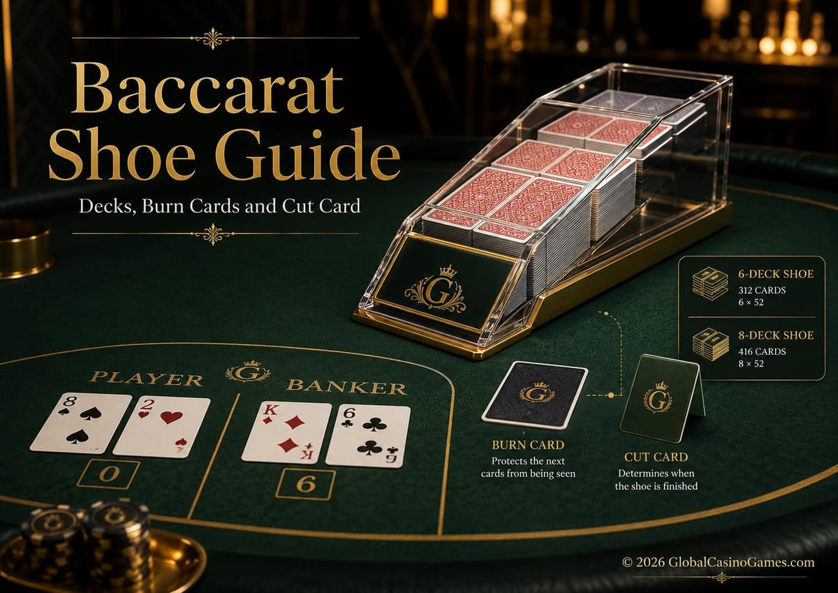 Baccarat shoe on a casino table showing six-deck and eight-deck card totals, burn card, cut card, Player hand and Banker hand.