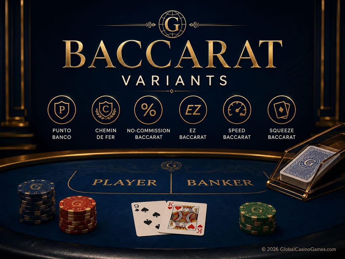 Luxury baccarat table graphic comparing Punto Banco, Chemin de Fer, no-commission, EZ, Speed and Squeeze Baccarat.