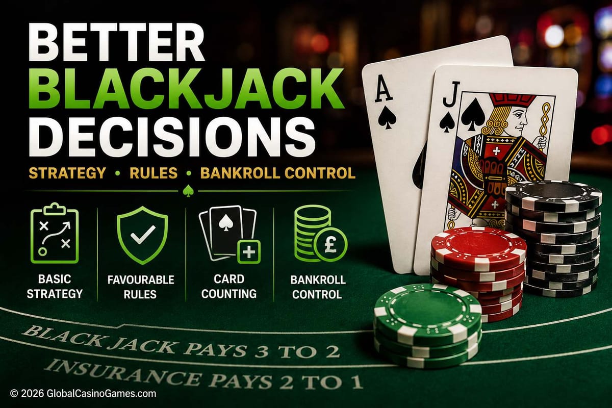 Blackjack strategy graphic with cards, chips and icons for basic strategy, favourable rules, card counting and bankroll control.