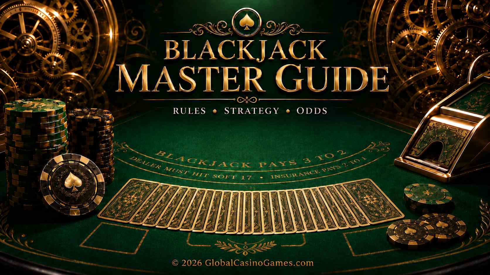 Blackjack master guide image with a green casino table, face-down cards, chips, card shoe and clockwork gears representing blackjack rules, strategy and odds.