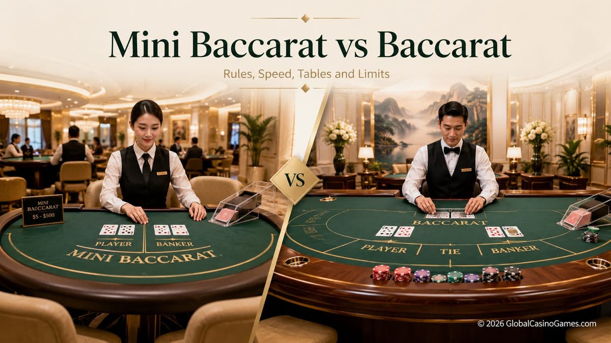 Split-screen comparison of a smaller Mini Baccarat table and a larger traditional Baccarat table with dealers, cards and casino chips.