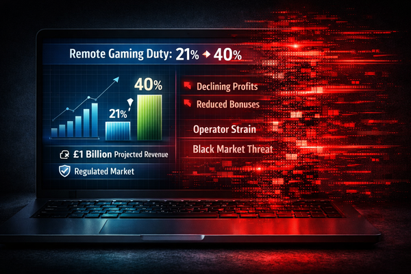 Laptop screen for GlobalCasinoGames.com showing the UK Remote Gaming Duty rise from 21% to 40% with blue data bars and red glitch effects.