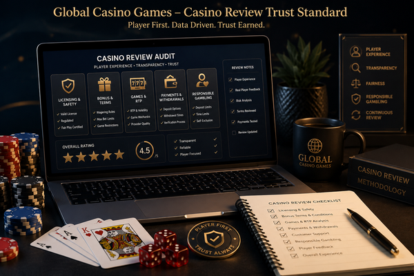 Casino review audit graphic for GlobalCasinoGames.com, showing a laptop display, structural checklist parameters, physical casino chips, and deep review methodology evaluation themes.