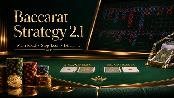 Luxury baccarat table with Banker and Player cards, casino chips and a Main Road display for an article about Baccarat Strategy 2.1 and stop-loss discipline.