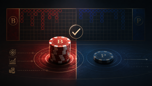 Baccarat strategy image showing Banker and Player sides, casino chips and a scoreboard for an article on one-sided baccarat betting discipline.