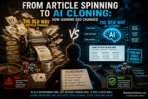 iGaming SEO image showing article spinning, AI cloning, casino content, Google search pressure and human-led casino publishing.