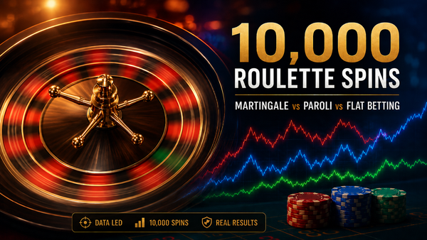 Fast-spinning roulette wheel with data lines for a 10,000-spin Martingale, Paroli and flat betting test.