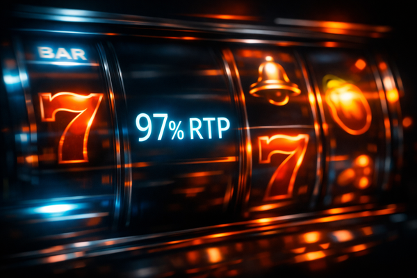 Slot machine screen for GlobalCasinoGames.com showing neon blue 97% RTP text on dark rotating reels with vibrant amber lighting effects, illustrating variance and betting velocity.