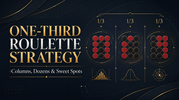 Text-based casino graphic for Stephen Tabone’s Global Casino Games article on one-third roulette strategy, columns, dozens and sweet spots.