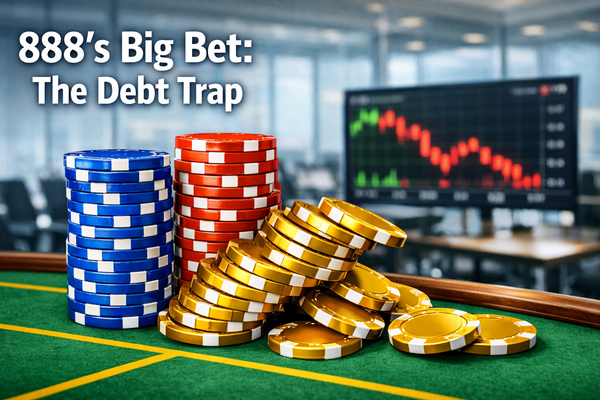 GlobalCasinoGames.com original graphic: "888's Big Bet: The Debt Trap." Bright stacked casino chips and financial charts illustrate the William Hill and Evoke PLC debt crisis.