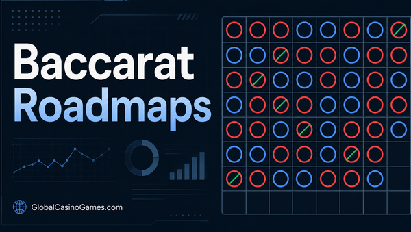 GlobalCasinoGames.com feature image for a Baccarat Roadmaps guide, showing a modern scoreboard-style roadmap with Banker, Player and Tie markers.