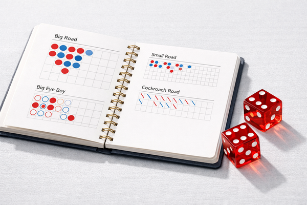 Red dice next to baccarat roadmap chart for GlobalCasinoGames.com