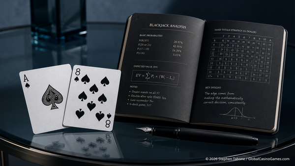 Blackjack basic strategy image with Ace and Eight cards, notebook formulas and probability analysis.
