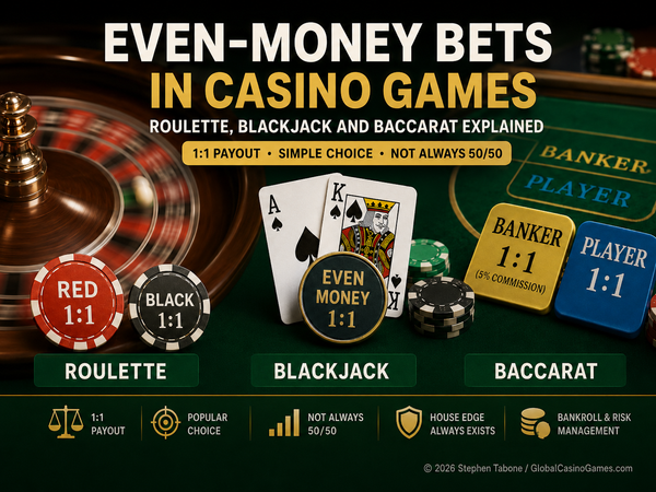 Even-money bets in casino games showing roulette, blackjack and baccarat with 1:1 payouts and house edge risk.