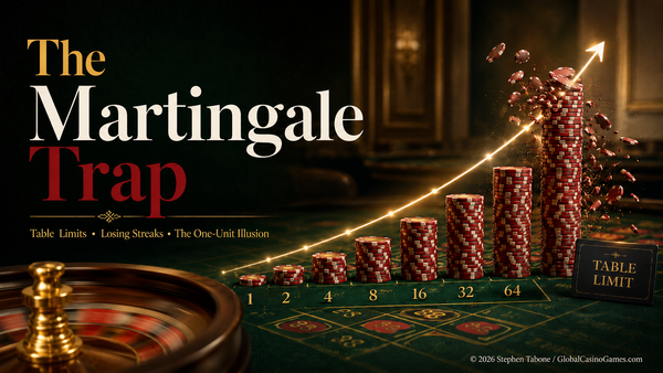 Martingale strategy image showing rising chip stacks, roulette risk and table limits.