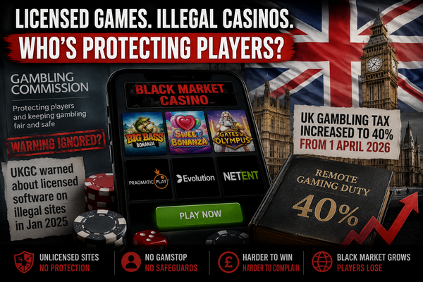 UK black-market casino warning image showing licensed games, illegal casinos, gambling tax pressure and player protection concerns.