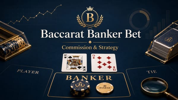 Alt text: Baccarat Banker Bet strategy image with Banker area, cards, chips and commission analysis on a luxury casino table.