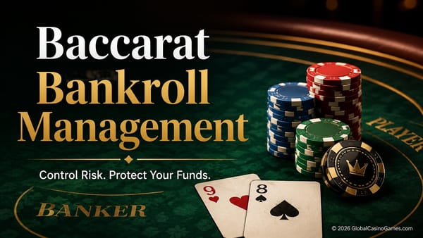 Baccarat bankroll management graphic showing casino chips, playing cards and the message “Control Risk. Protect Your Funds.