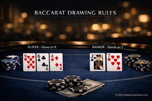 Baccarat chart: Player hand 9-6-4 draws to 9 vs Banker Jack-7 standing on 7. GlobalCasinoGames.com copyright.