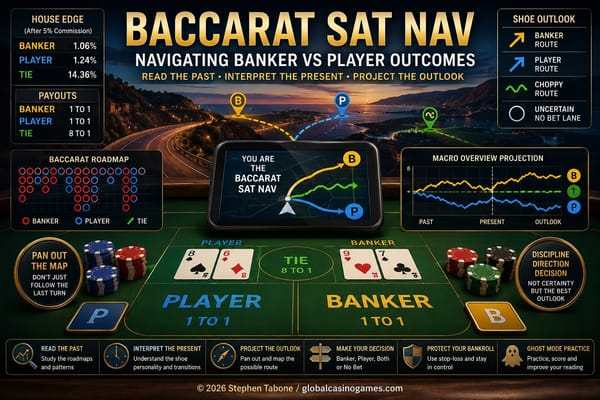Baccarat Sat Nav concept image showing a baccarat table with Banker and Player route lines, roadmap grids, shoe progression data and navigation-style outcome paths.