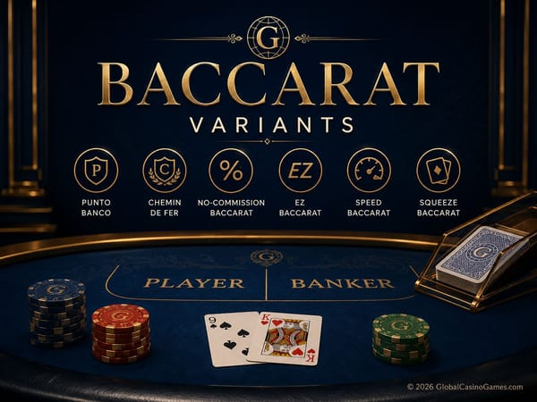 Luxury baccarat table graphic comparing Punto Banco, Chemin de Fer, no-commission, EZ, Speed and Squeeze Baccarat.