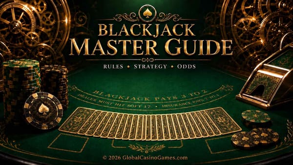 Blackjack master guide image with a green casino table, face-down cards, chips, card shoe and clockwork gears representing blackjack rules, strategy and odds.