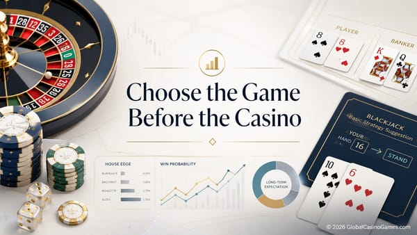 Professional casino strategy image showing roulette, blackjack, baccarat cards, dice and house-edge charts for a Global Casino Games guide to choosing online casino games.