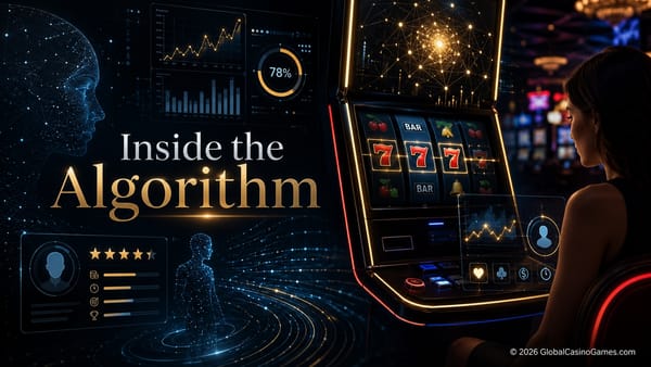 AI-themed casino image showing a modern slot machine, player-data graphics, algorithm visuals and a casino floor, representing smart slots and casino tracking in 2026.