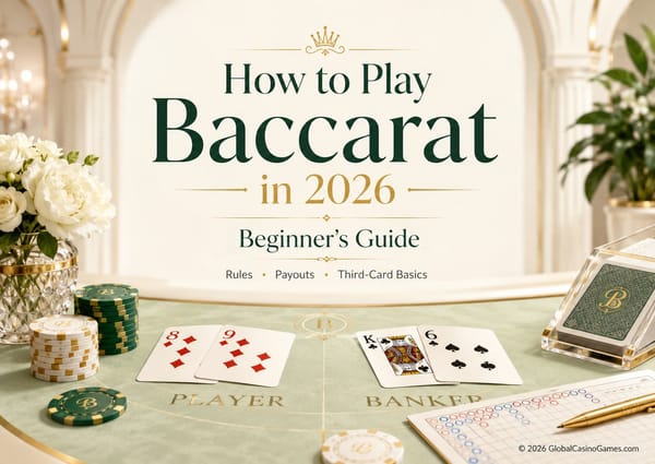 Classy light baccarat guide cover showing a bright baccarat table with Player and Banker cards, chips, roadmap card and the title “How to Play Baccarat in 2026