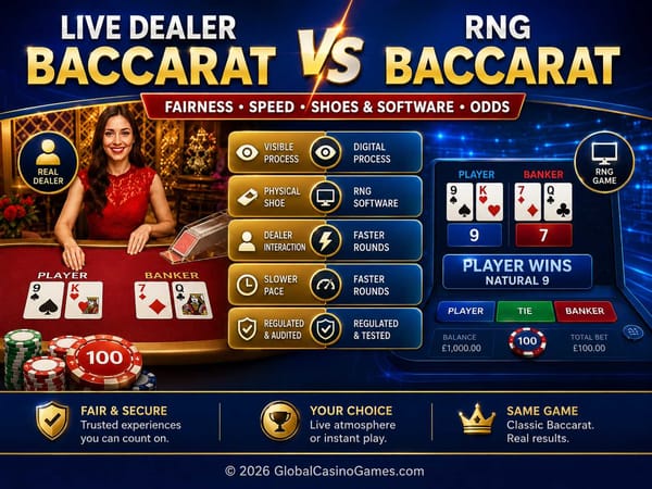 Bright comparison graphic showing Live Dealer Baccarat versus RNG Baccarat, with a real dealer, physical shoe, digital game interface and key differences in fairness, speed, shoes and odds.