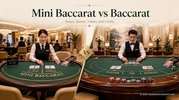 Split-screen comparison of a smaller Mini Baccarat table and a larger traditional Baccarat table with dealers, cards and casino chips.