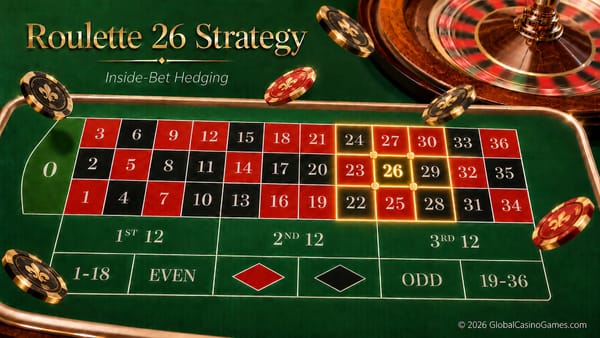 European roulette betting layout showing the Roulette 26 Strategy with numbers 22 to 30 highlighted, number 26 centred, floating chips and a fast-spinning roulette wheel.
